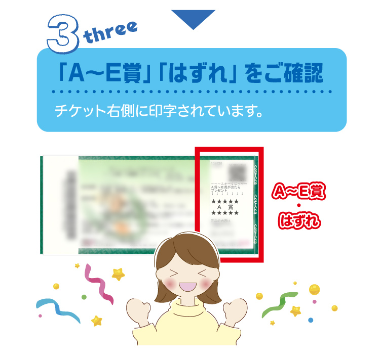 ③「A～E賞」「はずれ」をご確認：チケット右側に印字されています。